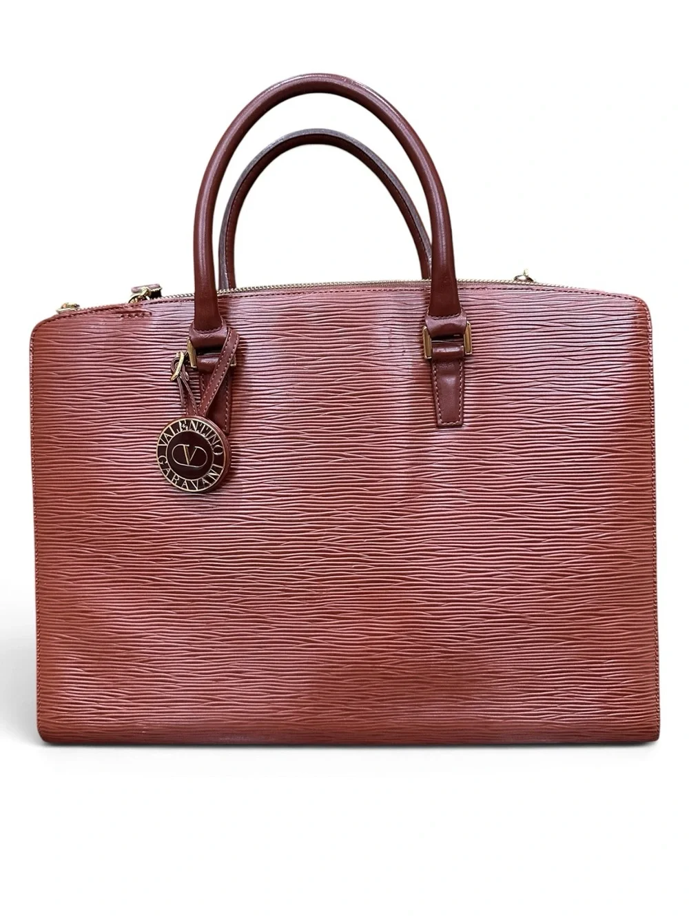 Valentino Garavani Chestnut Brown Textured Leather Laptop Tote